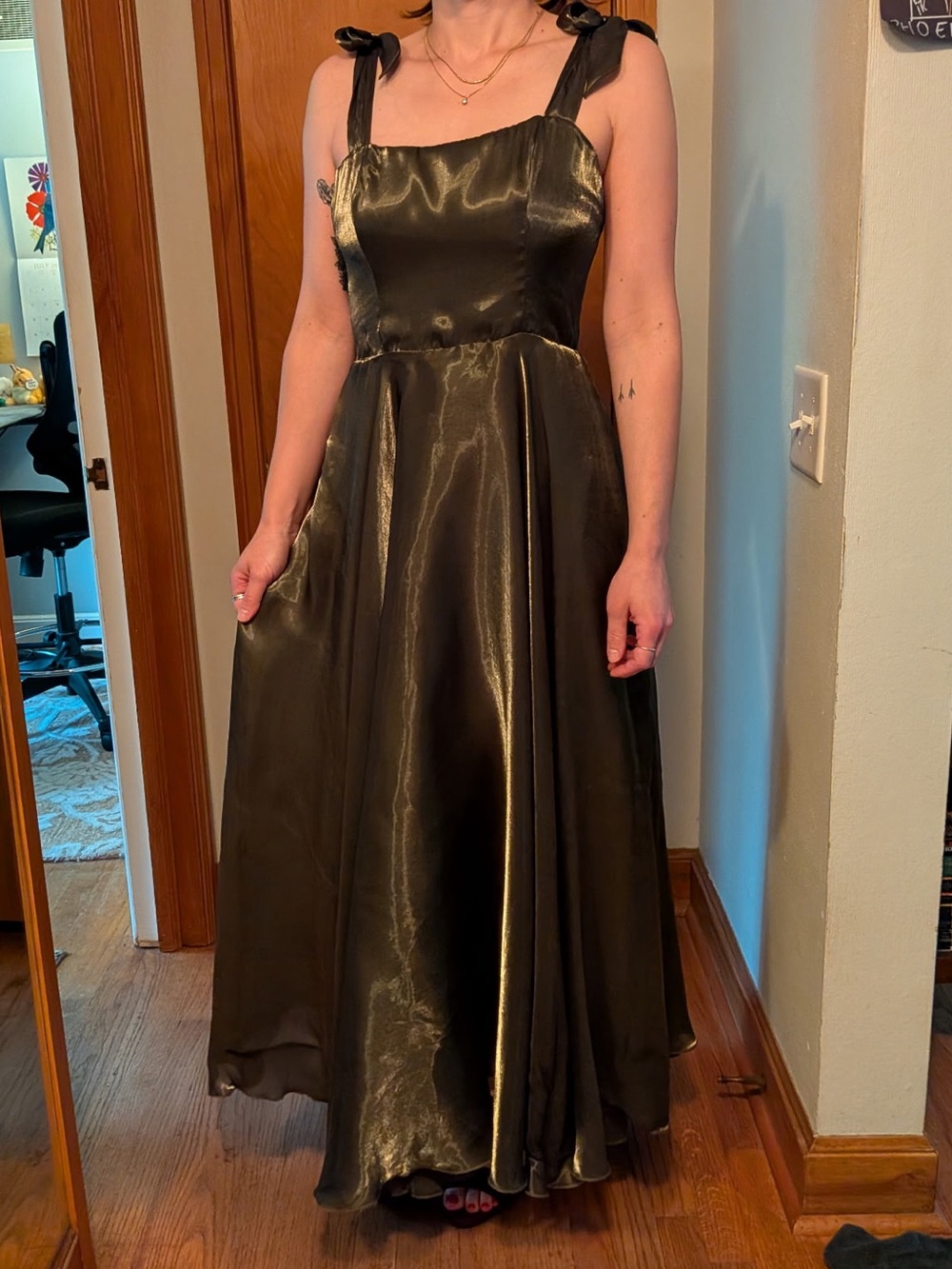 Green Satin Tie-Shoulder Evening Dress
